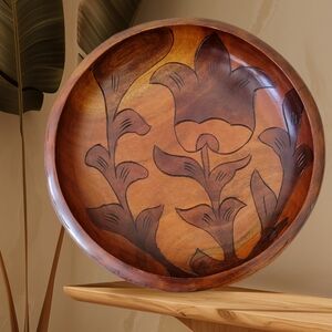 Handcrafted Folk Art Carved Floral Wooden Decorative Bowl Boho